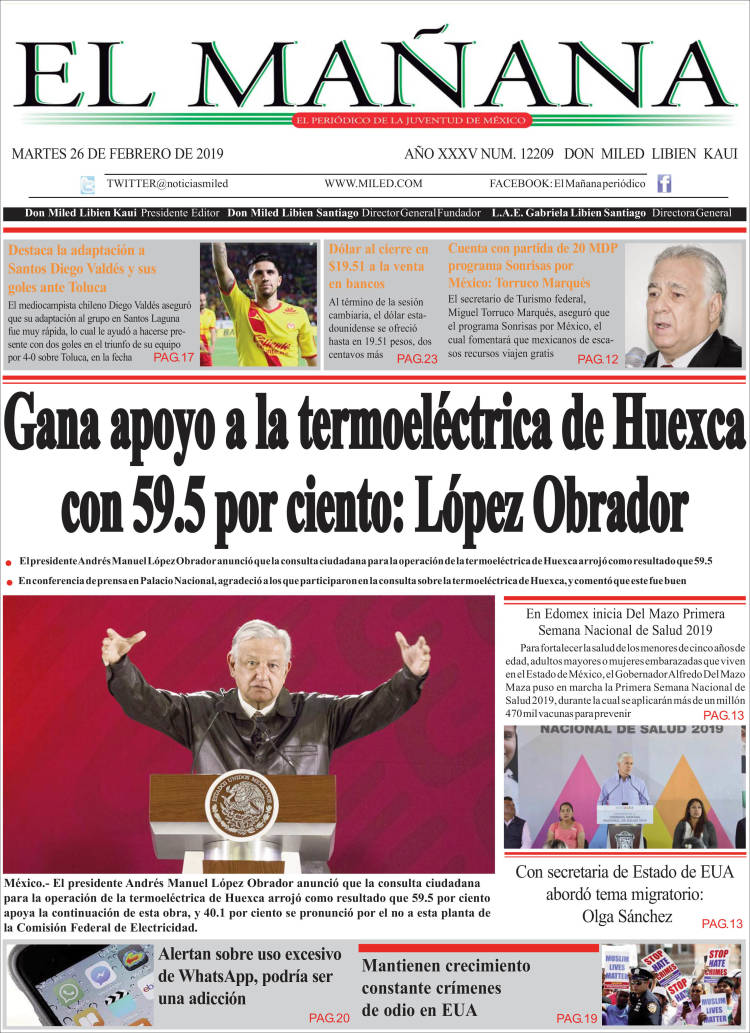 Portada de El Mañana de Toluca (México)