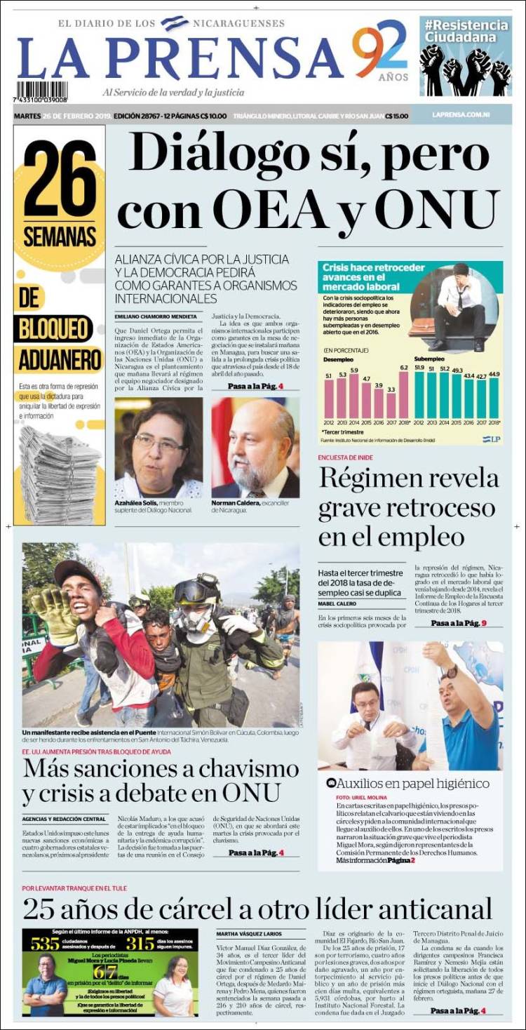 Portada de La Prensa (Nicaragua)