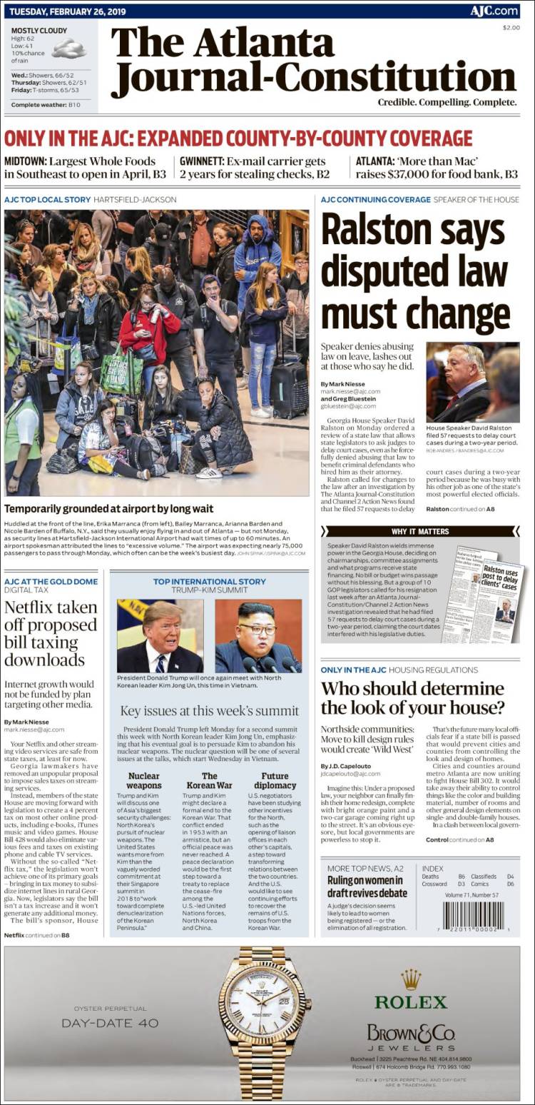 Portada de The Atlanta Journal-Constitution (USA)