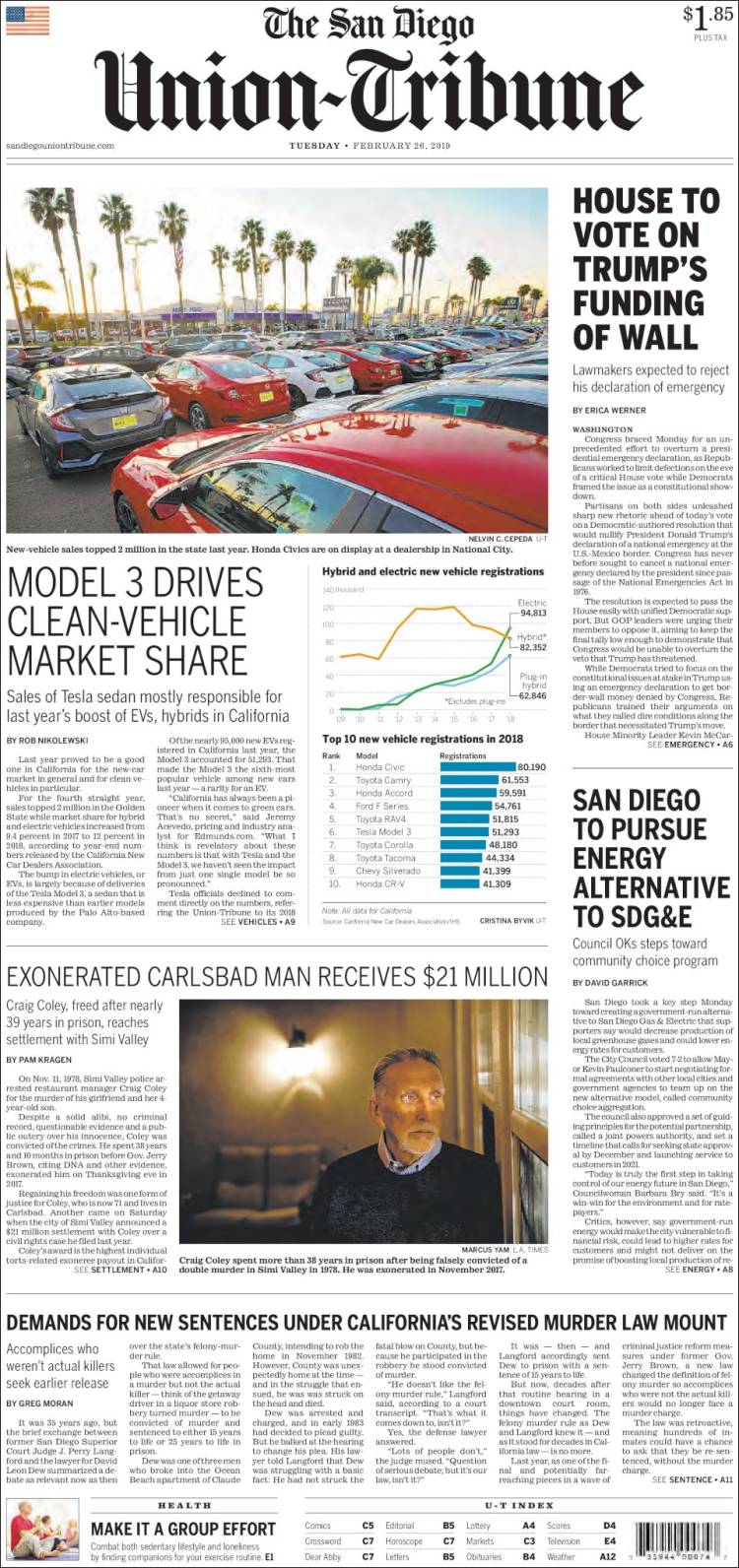 Portada de The San Diego Union-Tribune (USA)