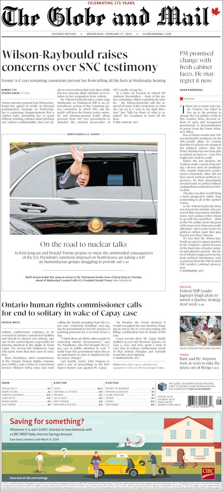 Portada de The Globe and Mail (Canadá)