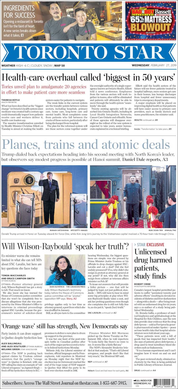 Portada de The Toronto Star (Canadá)