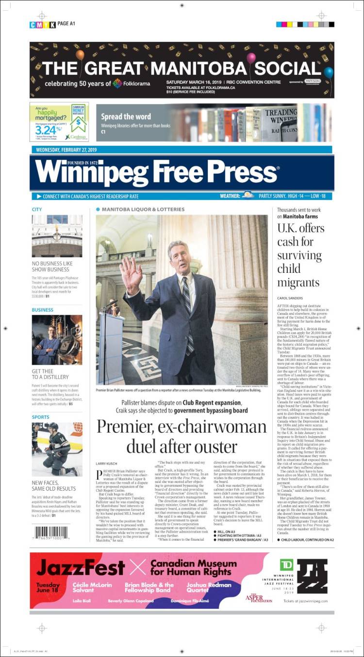 Portada de Winnipeg Free Press (Canadá)