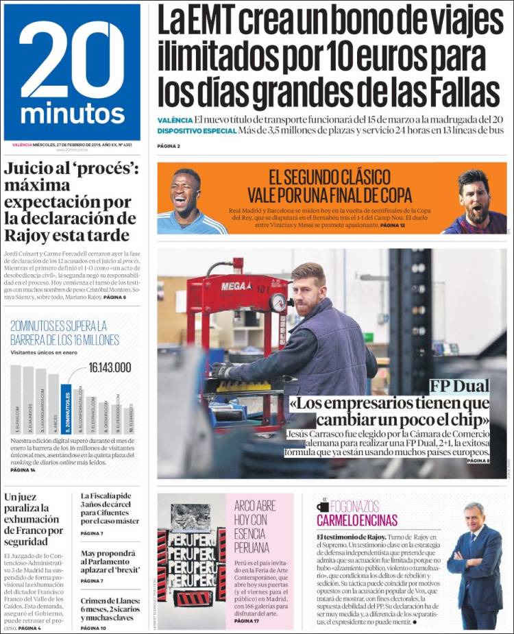 Portada de 20 Minutos - Valencia (España)