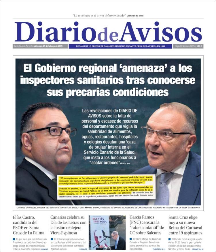 Portada de Diarios de Avisos (España)