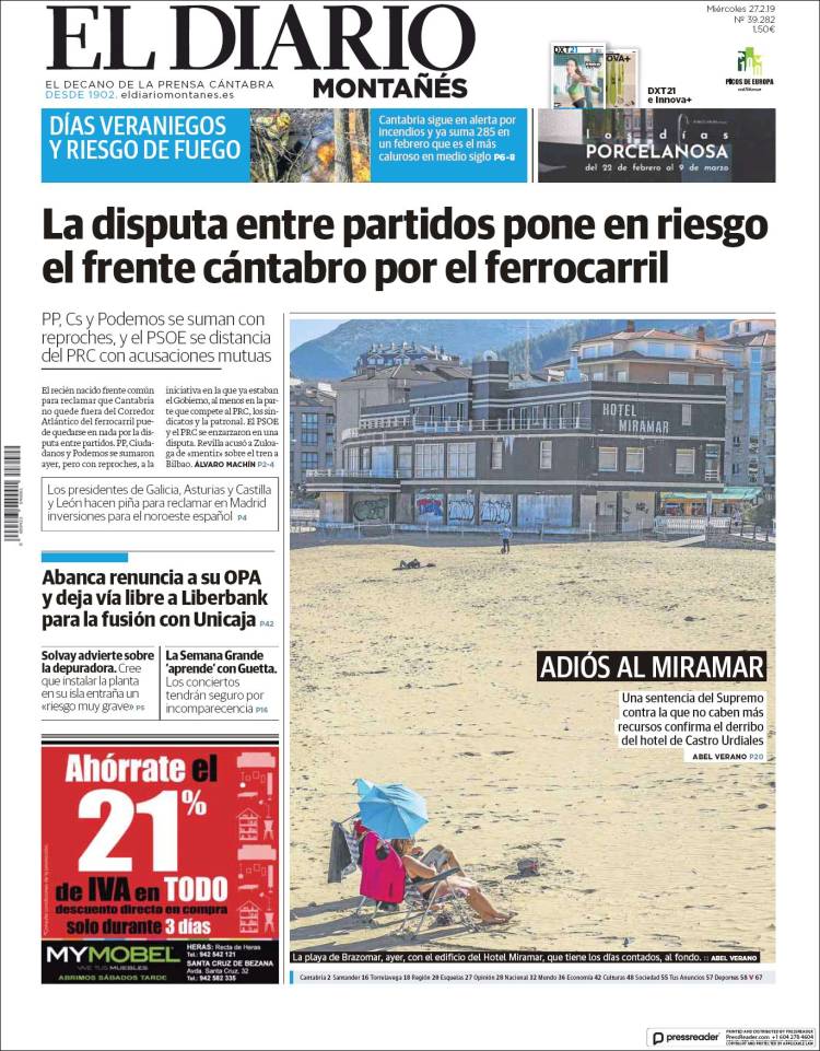 Portada de El Diario Montañés (España)