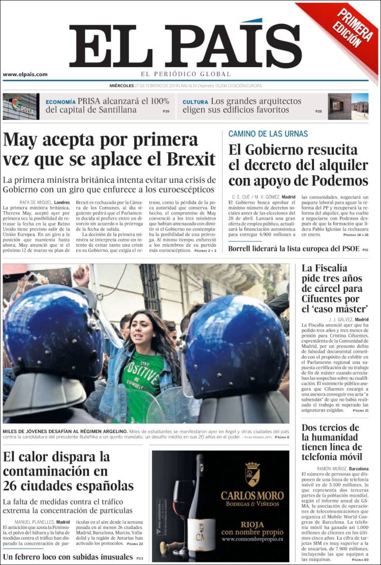 Portada de El País (España)