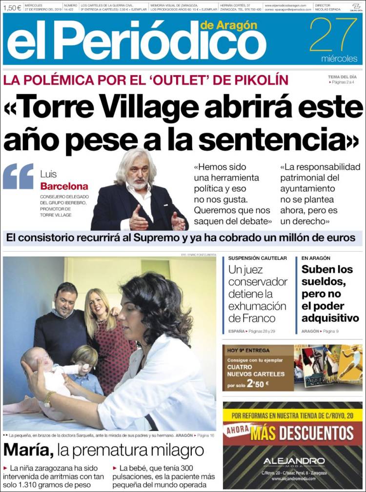 Portada de El Periódico de Aragón (España)