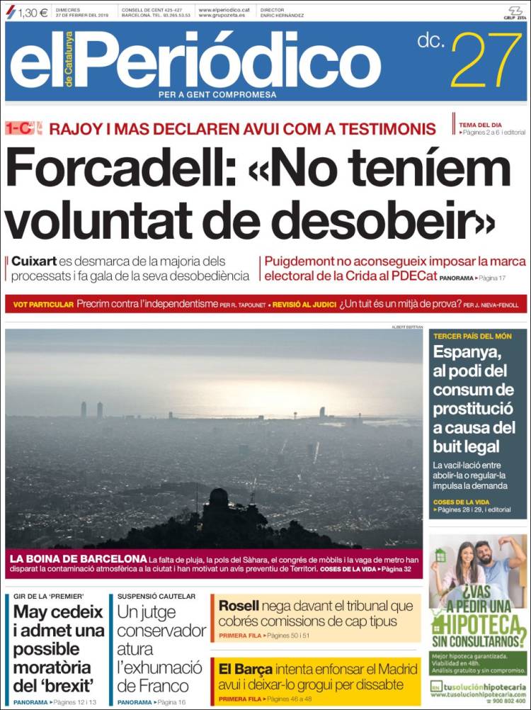 Portada de El Periódico de Catalunya (España)