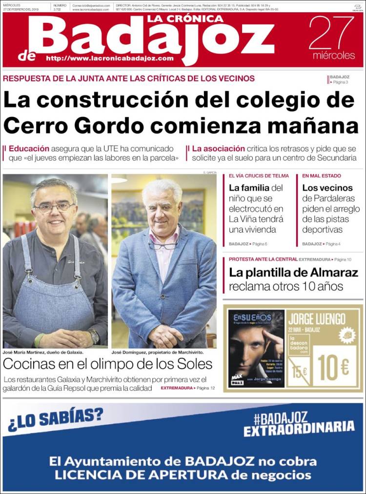 Portada de El Periódico de Extremadura (España)