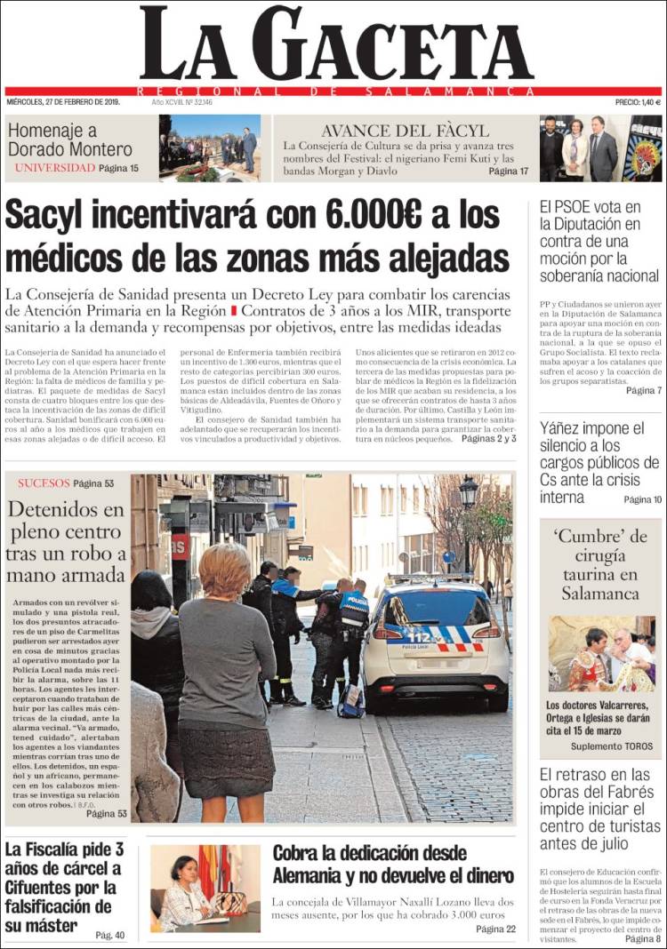 Portada de La Gaceta de Salamanca (España)