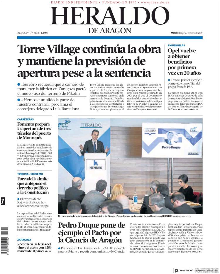 Portada de Heraldo de Aragón (España)