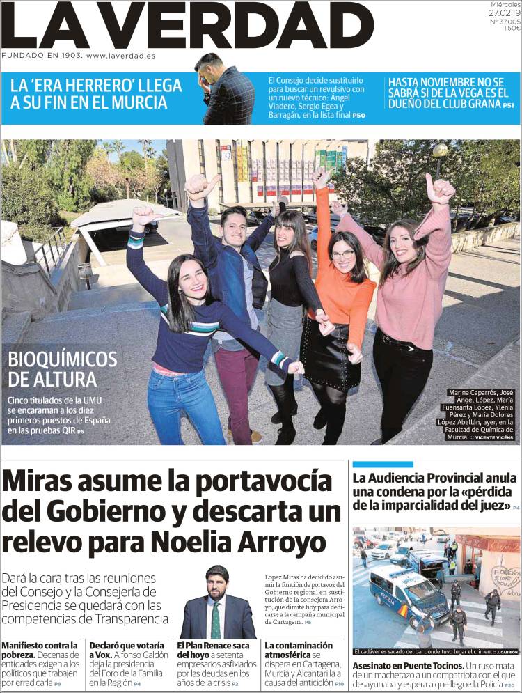 Portada de La Verdad de Murcia (España)