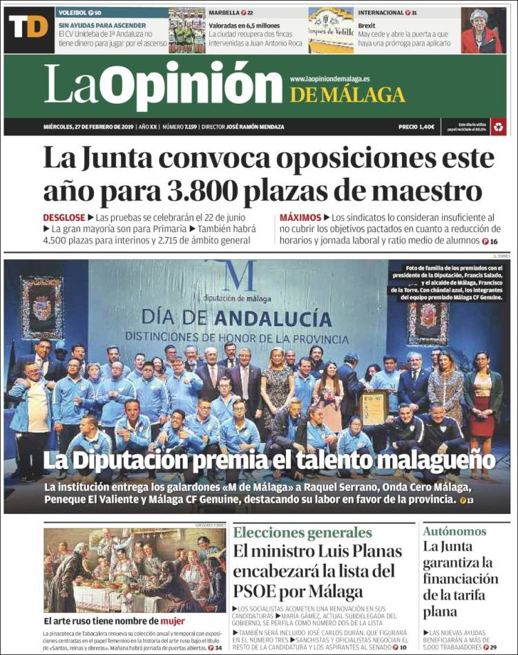 Portada de La Opinión de Málaga (España)