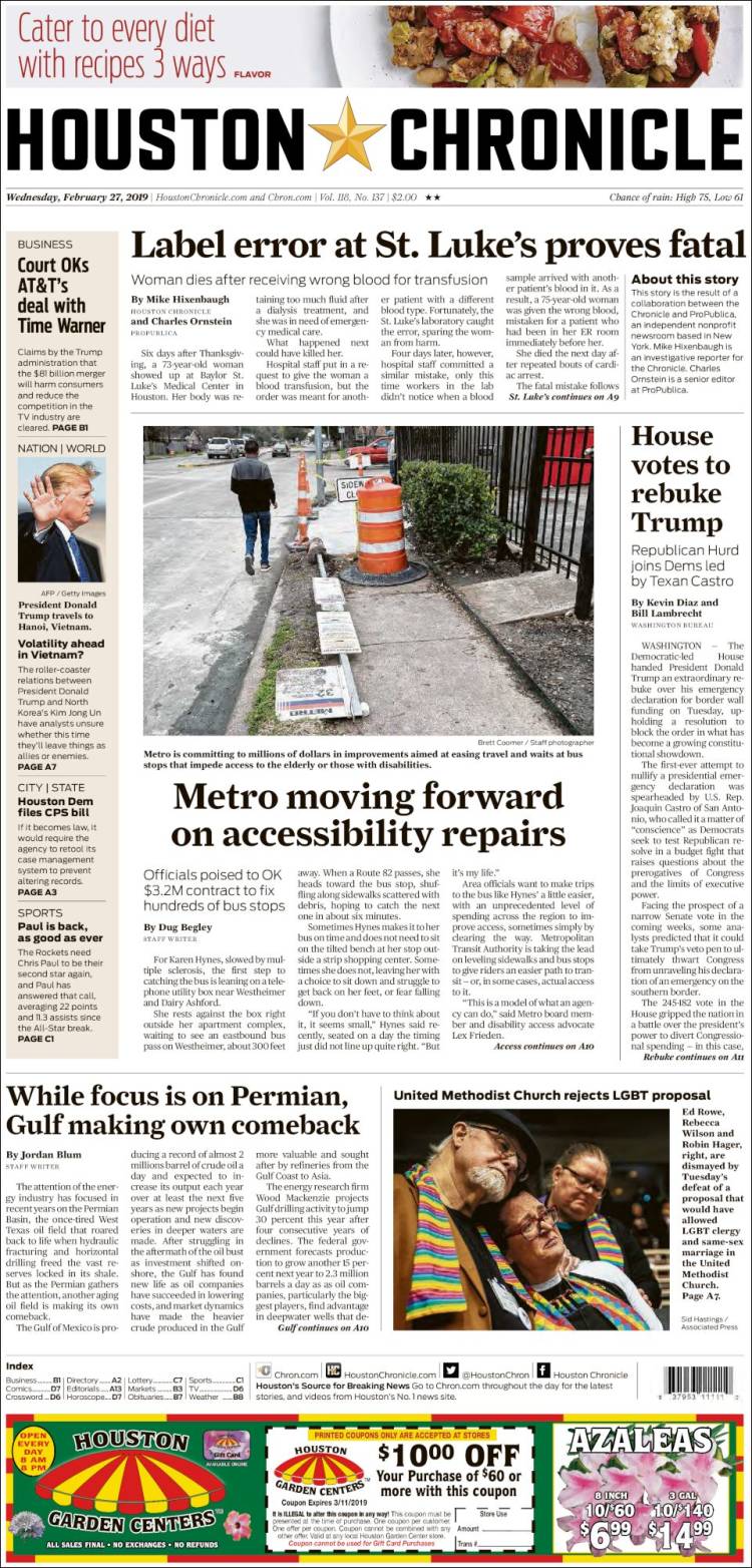 Portada de Houston Chronicle (USA)