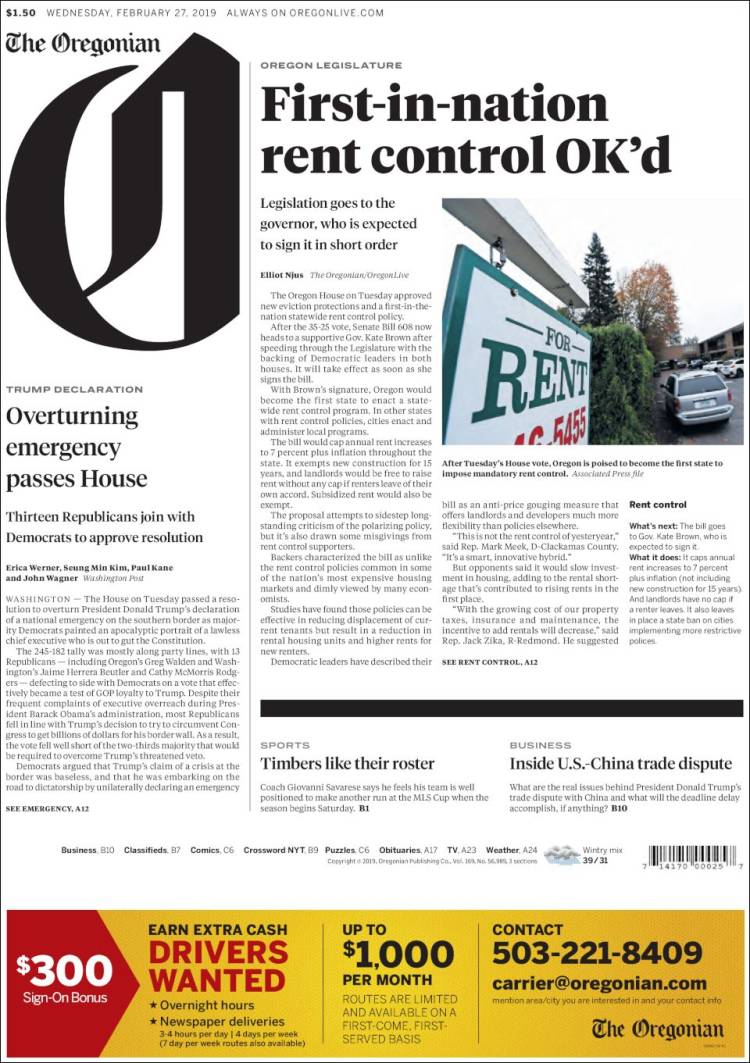 Portada de The Oregonian (USA)