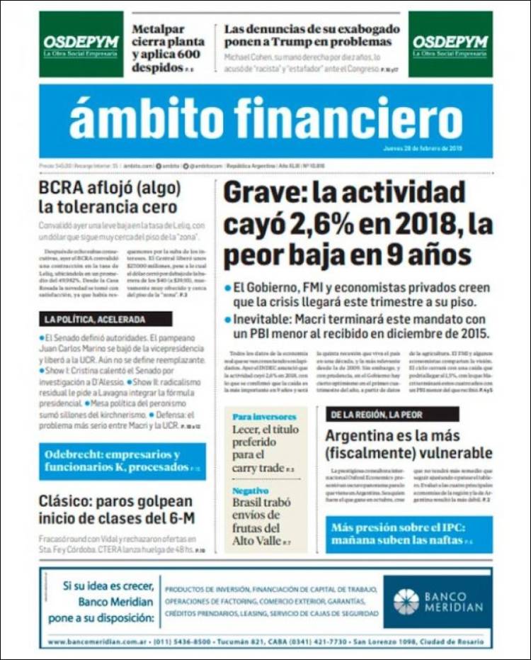 Portada de Diario Ambito Financiero (Argentina)
