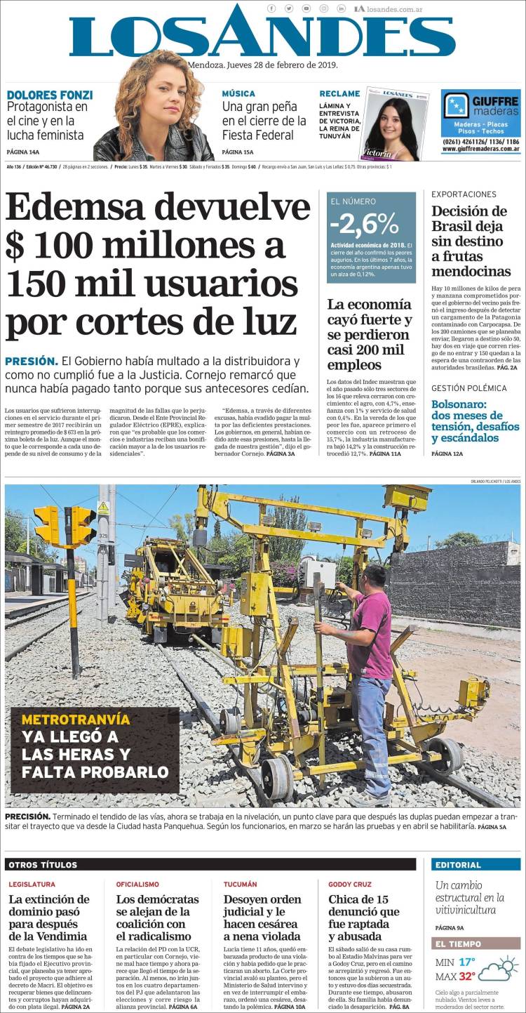 Portada de Los Andes - Mendoza (Argentina)