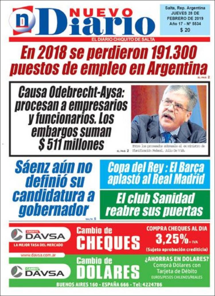 Portada de Nuevo Diario de Salta (Argentina)