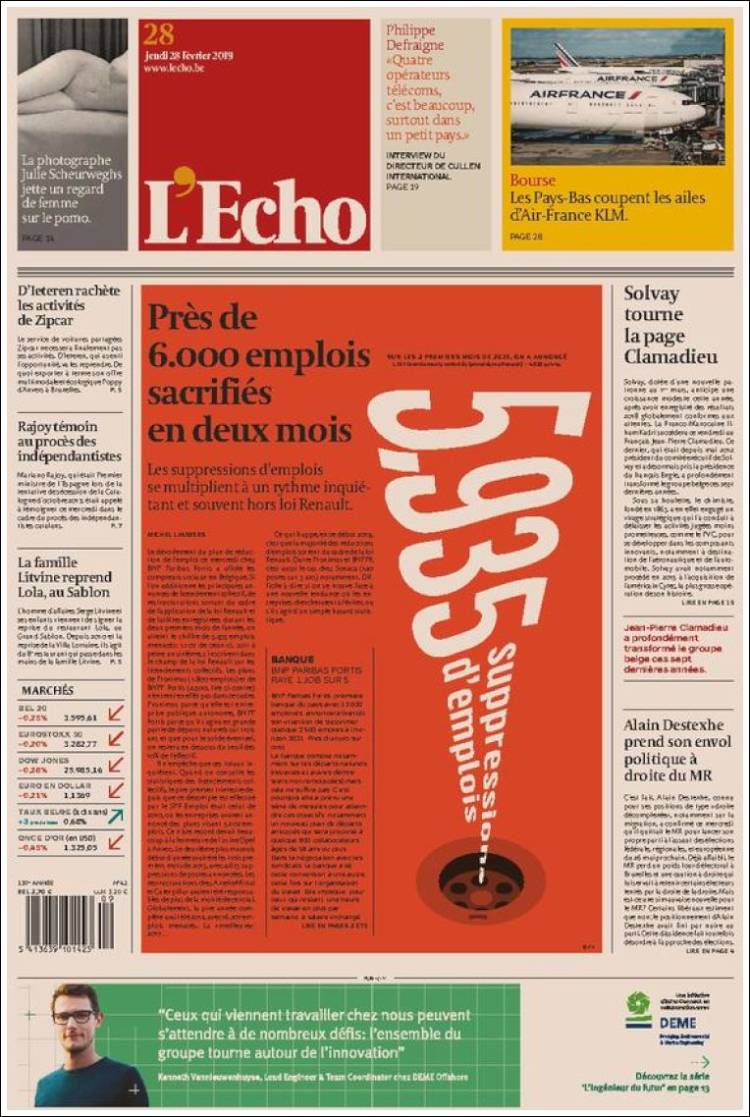 Portada de L'Echo (B&eacute;lgica)
