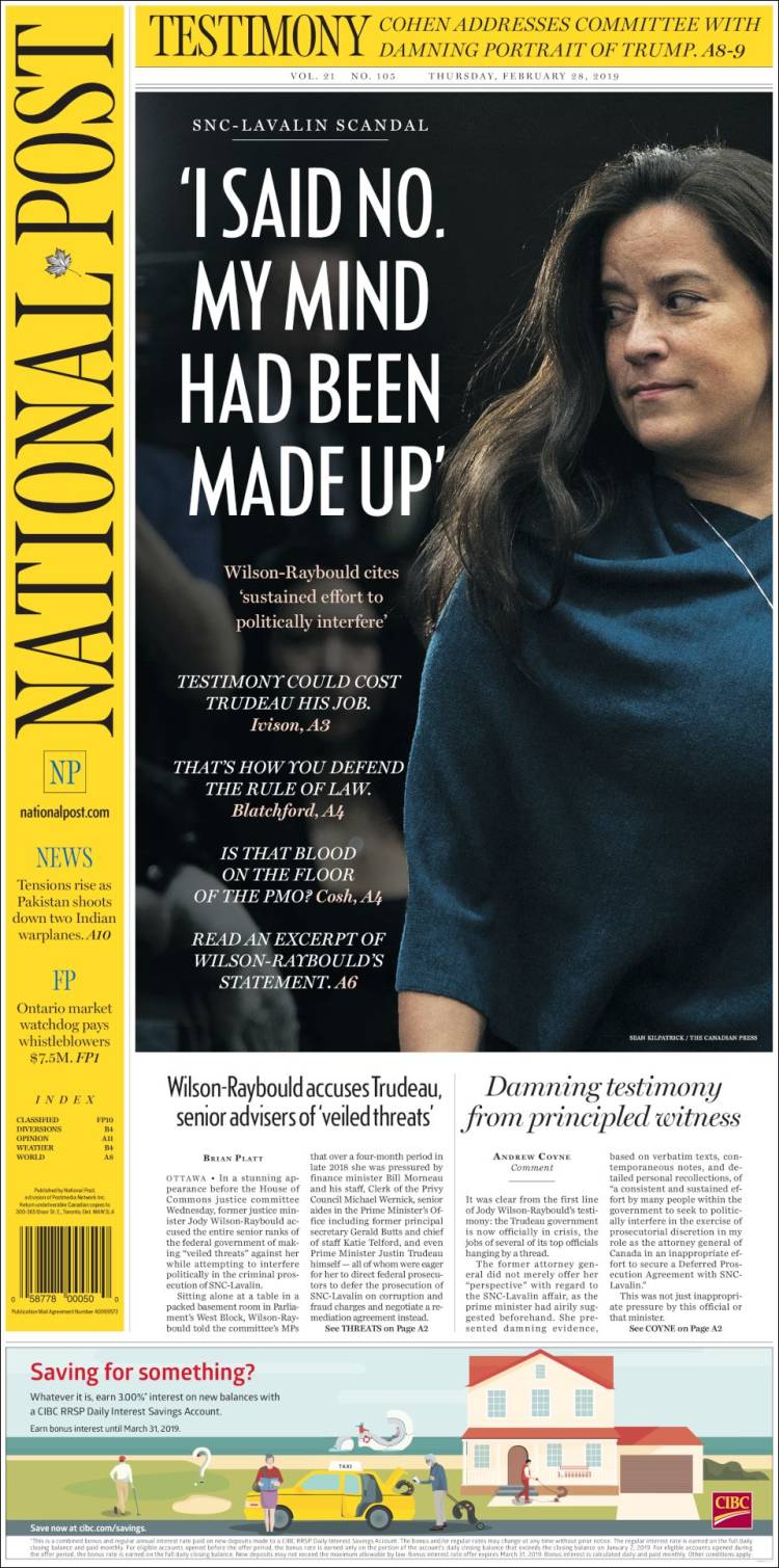 Portada de The National Post (Canadá)