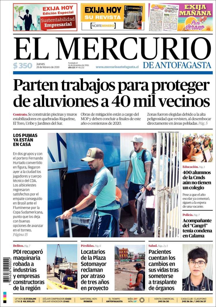 Portada de El Mercurio de Antofagasta (Chile)