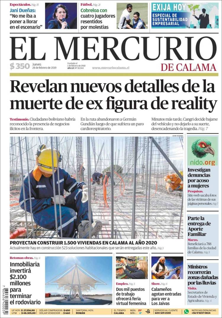 Portada de El Mercurio - Calama (Chile)