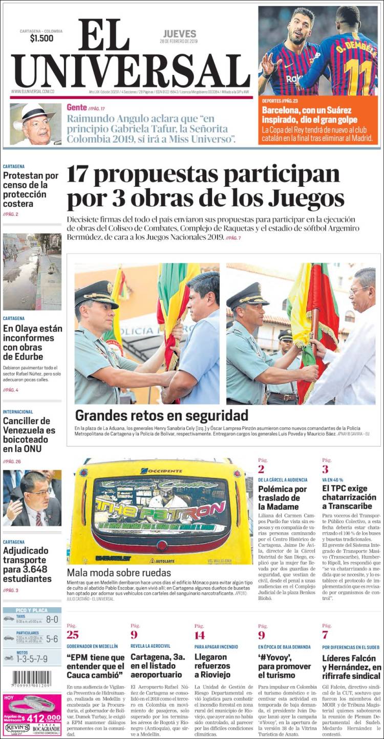 Portada de El Universal (Colombia)