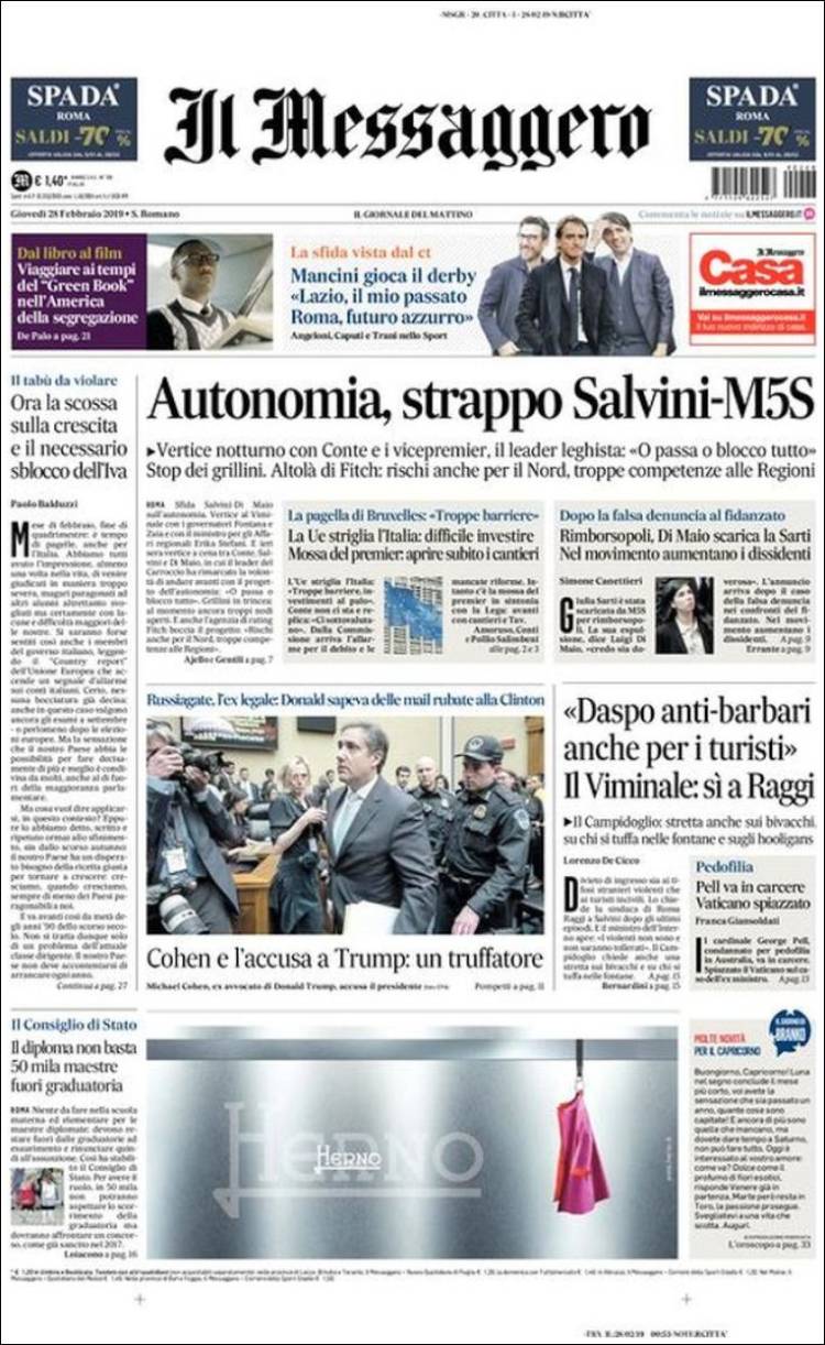 Portada de Il Messaggero (Italia)