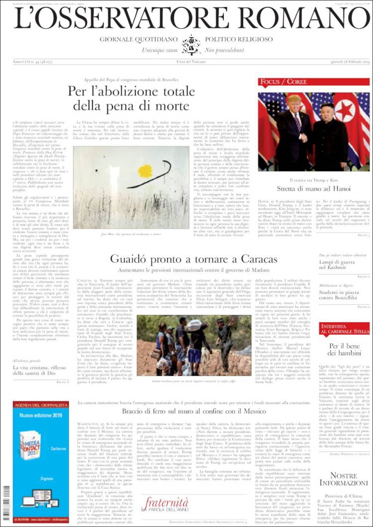 Portada de L'Osservatore Romano (Italia)