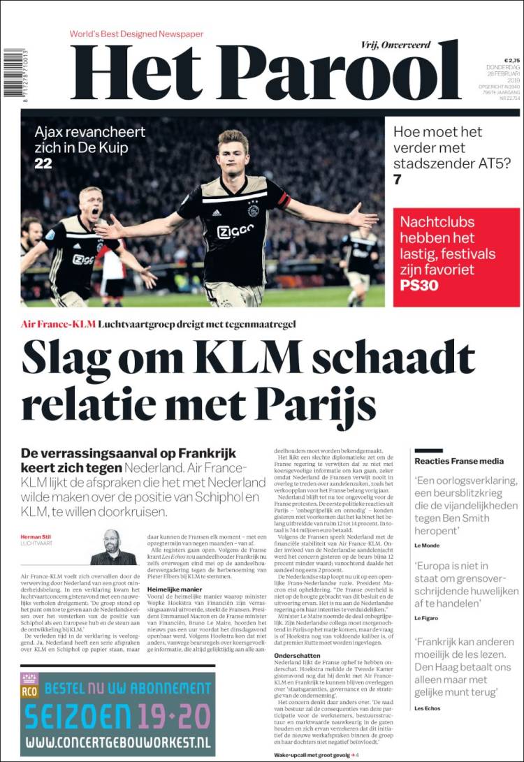 Portada de Het Parool (Pa&iacute;ses Bajos)