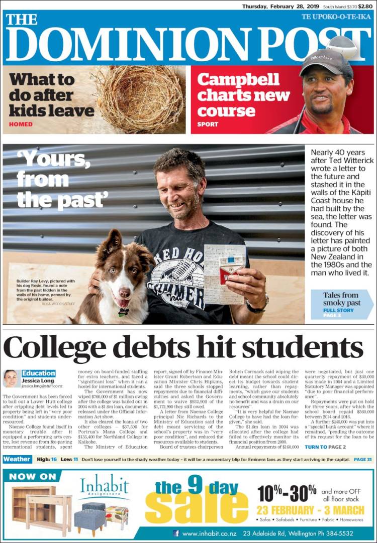 Portada de The Dominion Post (Nueva Zelanda)