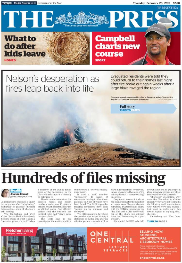 Portada de The Press (Nueva Zelanda)