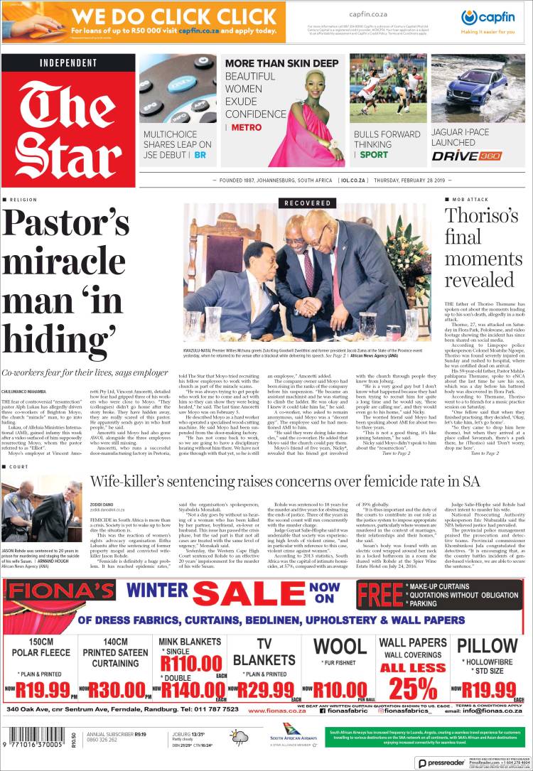 Portada de The Star (Sud&aacute;frica)