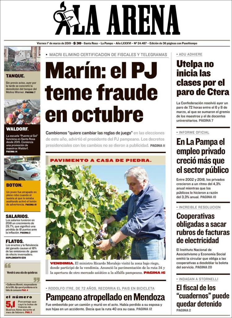 Portada de Diario La Arena (Argentina)
