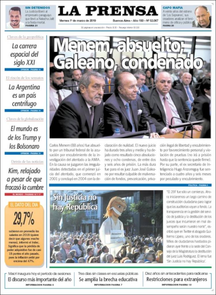 Portada de La Prensa (Argentina)