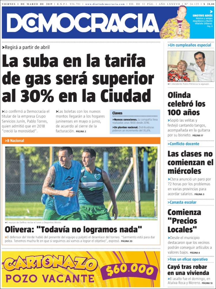 Portada de Diario Democracia (Argentina)