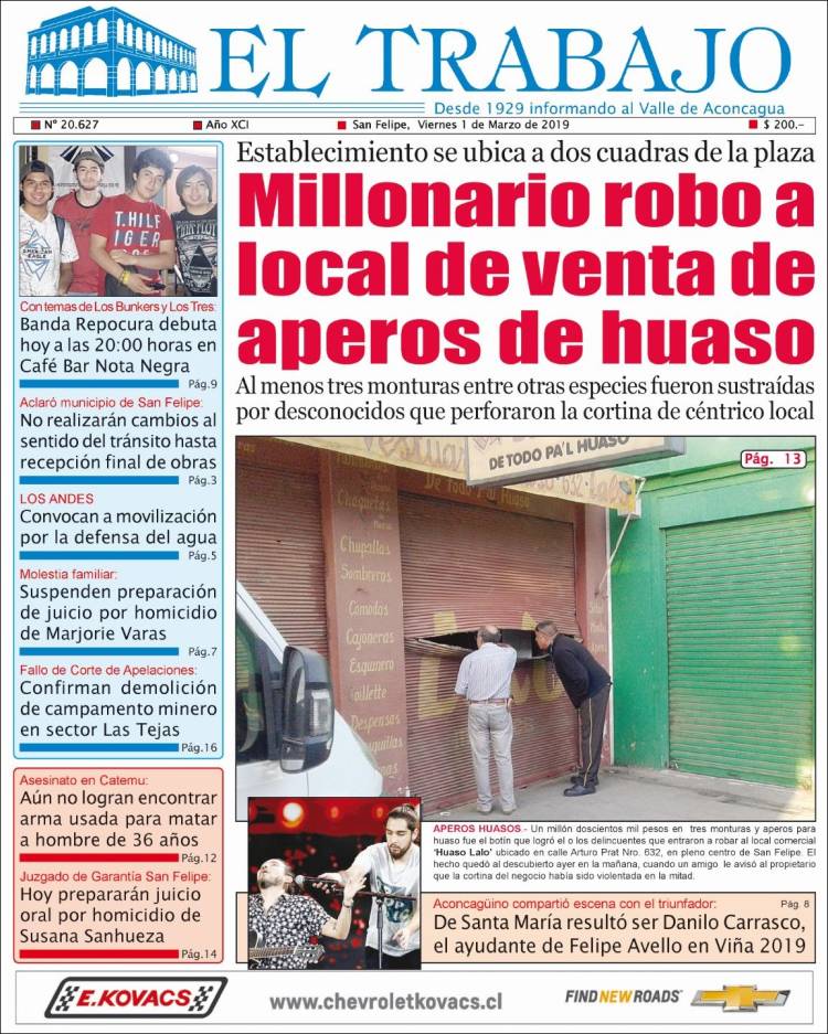 Portada de El Trabajo (Chile)