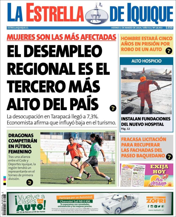 Portada de La Estrella de Iquique (Chile)
