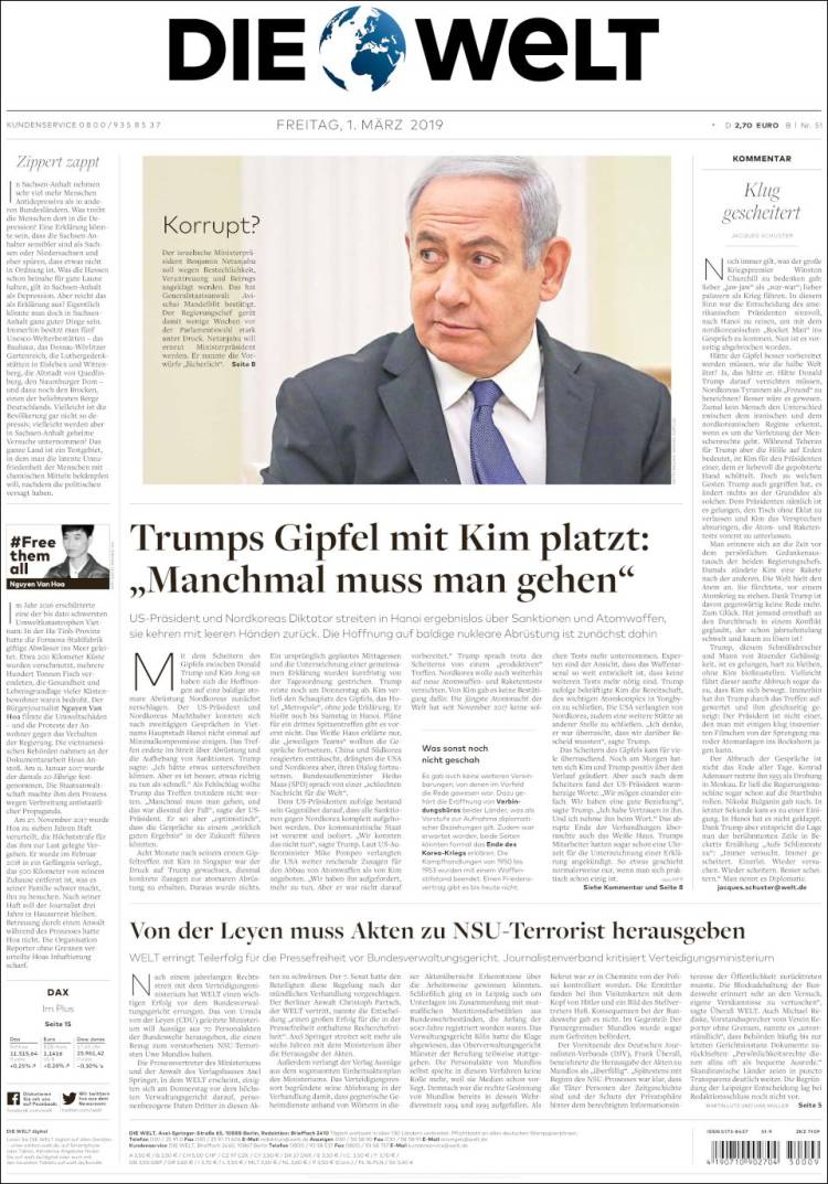 Portada de Die Welt (Alemania)