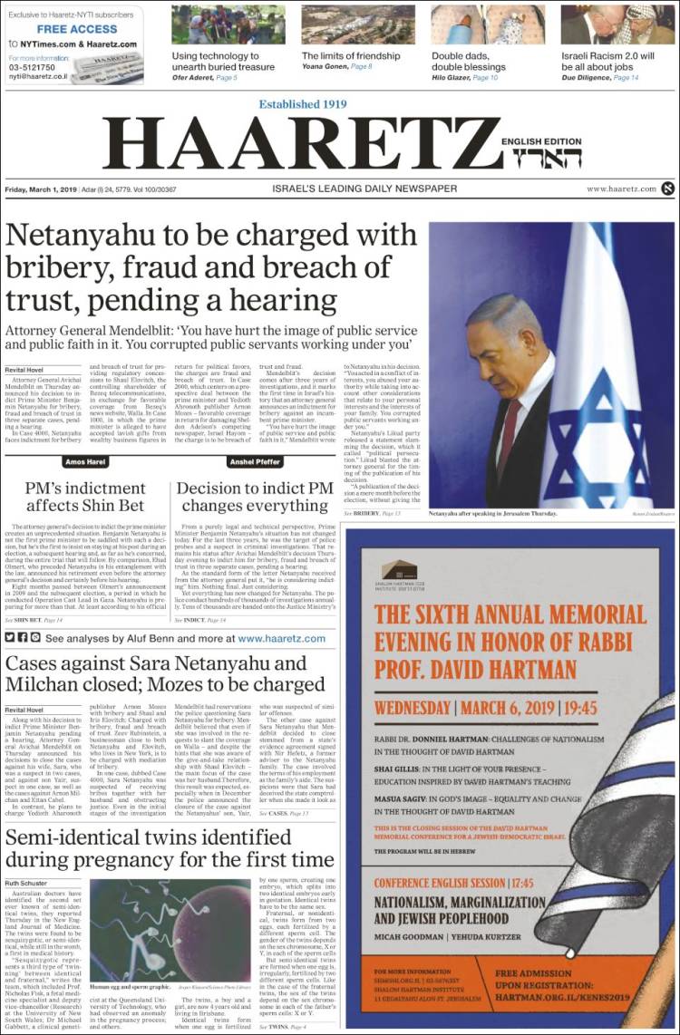 Portada de Haaretz (Israel)