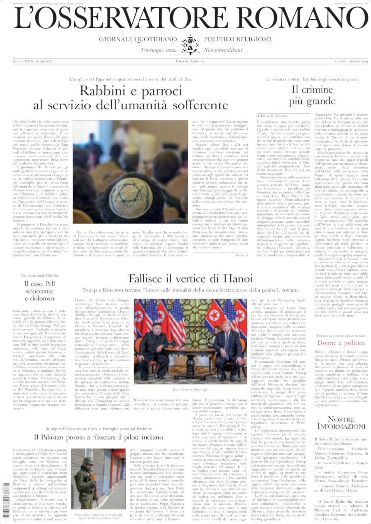 Portada de L'Osservatore Romano (Italia)