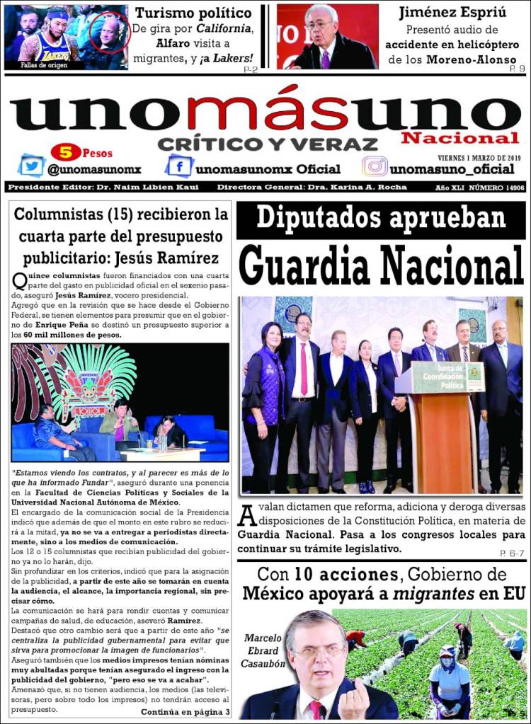 Portada de unomásuno (México)