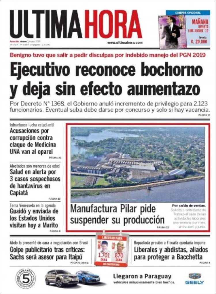 Portada de Última Hora (Paraguay)