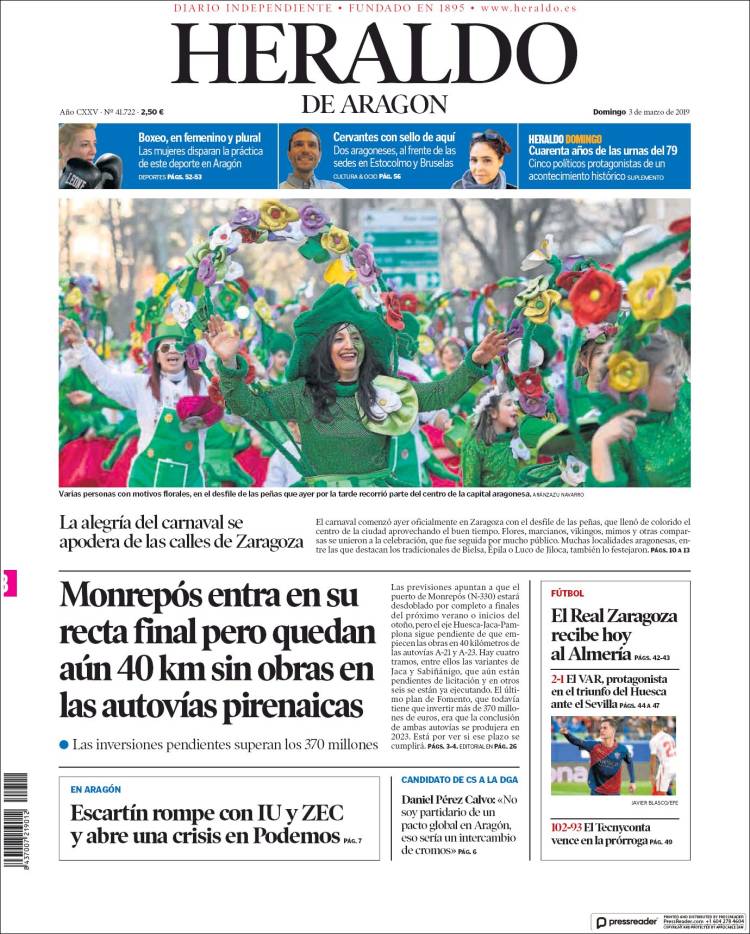 Portada de Heraldo de Aragón (España)