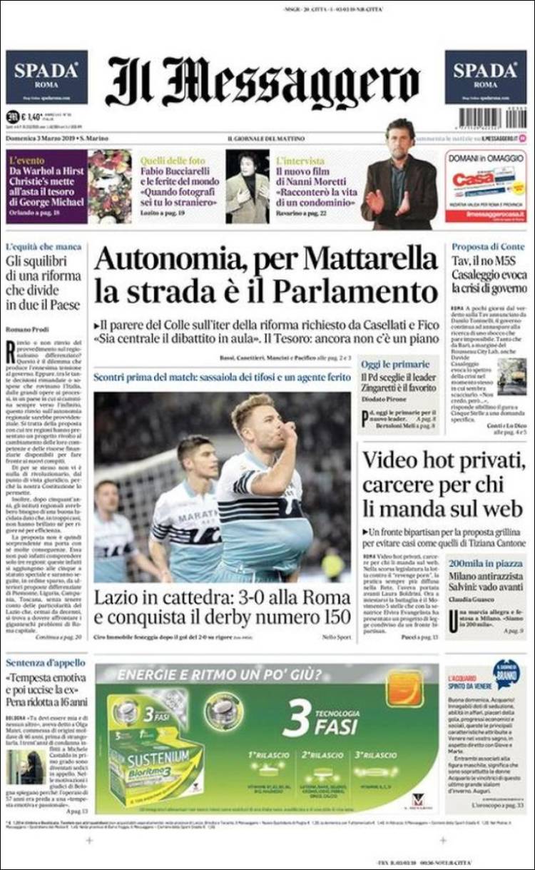 Portada de Il Messaggero (Italia)