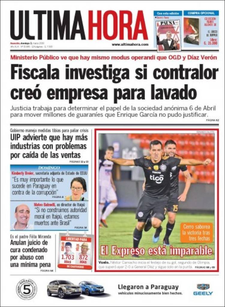 Portada de Última Hora (Paraguay)