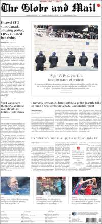 Portada de The Globe and Mail (Canadá)