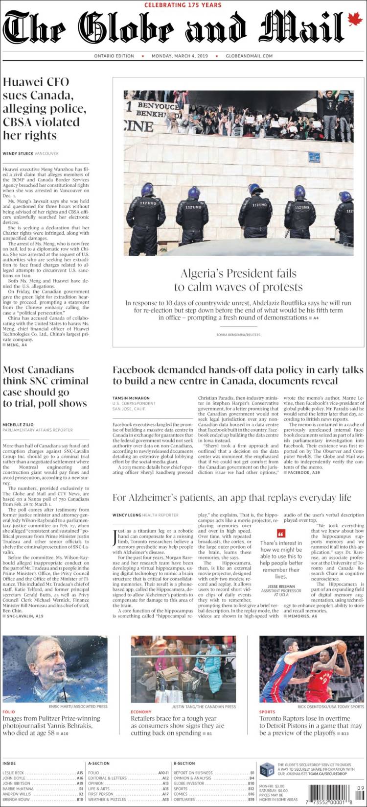 Portada de The Globe and Mail (Canadá)