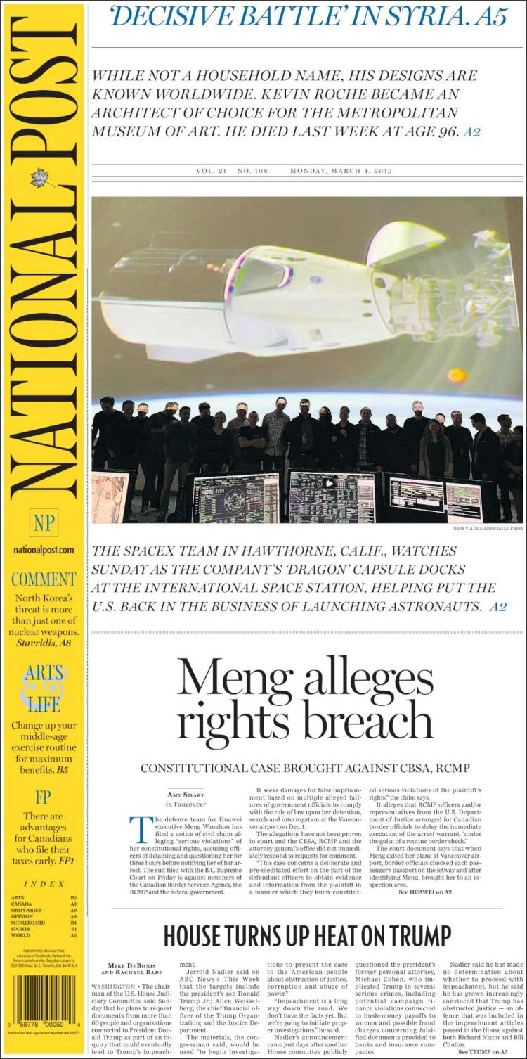 Portada de The National Post (Canada)